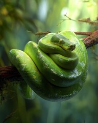 A green tree python rests on a branch in a lush, tropical environment. The snake's vibrant scales contrast with the greenery around it.