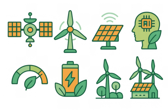 Eco-friendly technology icons highlighting renewable energy solutions and ai integration
