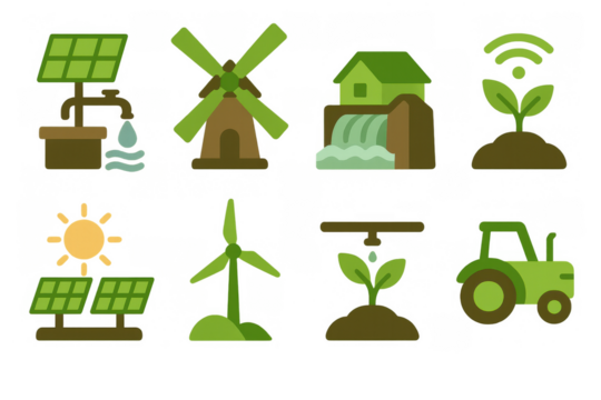 Sustainable farming technology icons set featuring renewable energy and smart agriculture elements