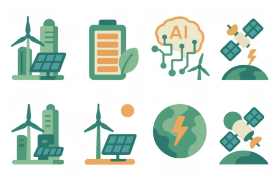 Sustainable energy icons featuring ai, solar, wind, and satellite technology