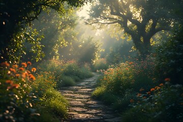 Flower garden at dusk, golden light between the leaves and serene atmosphere