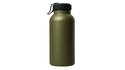 Army green water bottle with black lid isolated on a transparent background