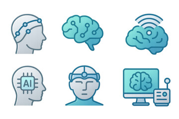 Futuristic ai brain and human head icons with tech elements