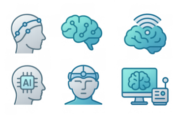 Futuristic ai brain and human head icons with tech elements