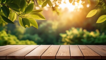 natural wooden table top with blurred lush greenery background during golden hour light