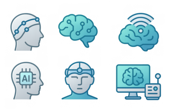 Futuristic ai brain and human head icons with tech elements