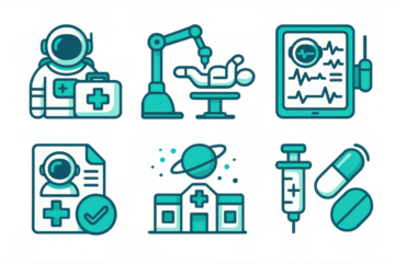 Medical technology icons featuring futuristic healthcare and robotic surgery