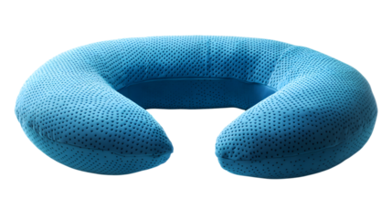Blue travel pillow with perforated texture isolated on a transparent background