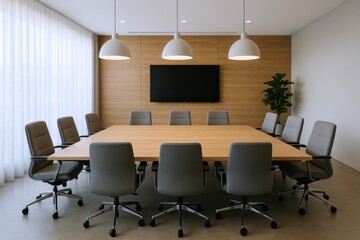 Fototapeta premium Modern Conference Room with Large Table, Chairs, and Media Screen for Business Meetings