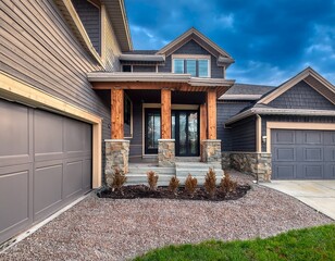 new construction residence exterior with contemporary house plan features gray wood siding stone columns and two garage spaces northwest usa