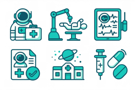 Medical technology icons featuring futuristic healthcare and robotic surgery