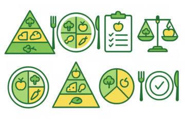 Healthy eating icons: food pyramids and balanced diet symbols in vibrant green and yellow