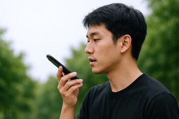 Young Asian man using smartphone voice assistant outdoors, communicating via audio message with natural background