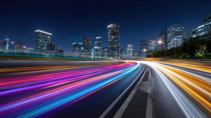 Fototapeta premium Bright colorful light trails blur on a wide urban highway at night. Tall modern city buildings stand illuminated, showing fast movement and vibrant energy in the metropolis.