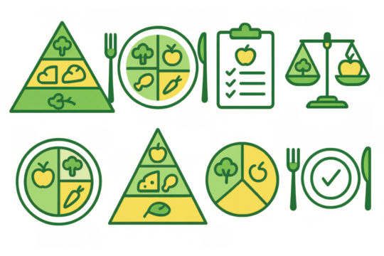 Healthy eating icons: food pyramids and balanced diet symbols in vibrant green and yellow