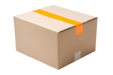 Cardboard box with orange tape isolated on a transparent background