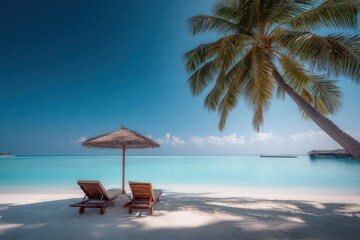 Fototapeta premium Tropical Paradise Beach Scene with Palm Tree, Lounge Chairs, and Turquoise Ocean View