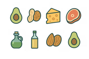Healthy fats icon set: avocado, nuts, cheese, olive oil, meat - flat design