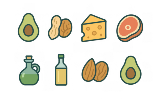 Healthy fats icon set: avocado, nuts, cheese, olive oil, meat - flat design