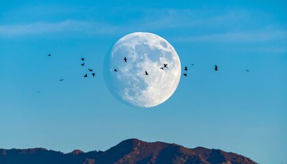 Full moon, birds in flight, mountain backdrop