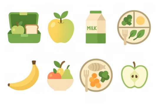 Healthy lunchbox choices featuring fruits, milk, and balanced meals in flat style