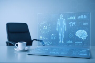 Advanced Medical Technology Interface Displaying Human Anatomy and Data on a Futuristic Screen