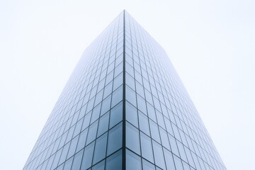 Modern Skyscraper Angled View Against White Sky, Minimalist Architecture, Urban Development, Financial District Design