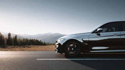 Naklejka premium Sleek Silver Sedan on Open Road: A Modern Vehicle Against a Scenic Mountain Landscape