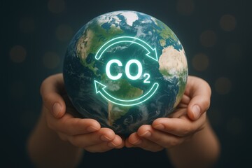 Earth Held in Hands with CO2 Cycle Illustrating Carbon Emissions and Climate Change Awareness