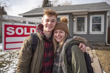 Excited young couple standing proudly in front of their new home, celebrating a real estate achievement