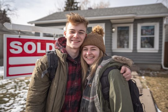 Excited young couple standing proudly in front of their new home, celebrating a real estate achievement