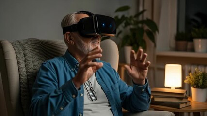 A senior man wearing a virtual reality headset explores a new digital world from his armchair enjoying modern entertainment and futuristic technology in his retirement - Powered by Adobe