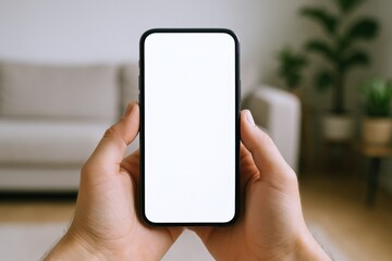 Hands Holding Mobile Phone with Blank White Screen for App UI or Mockup Display