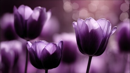 Close-up of three vibrant purple tulips, soft focus, bokeh background