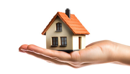 Hand holding small house isolated on a transparent background