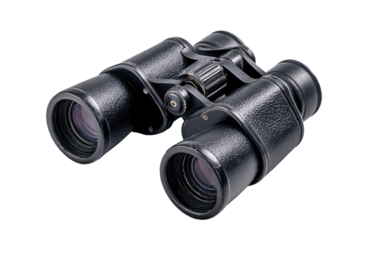 Close-up of a black, vintage-style binoculars.  The  binoculars feature a dark, textured casing, focusing wheel, and visible lenses