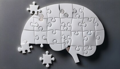white jigsaw puzzle pieces surrounding paper brain on gray background