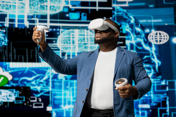 African american person working with artificial intelligence and VR glasses, using a digital interface to drive connectivity, data processing and deep learning via AI neural networks.