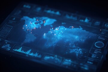 Fototapeta premium Digital World Map on Screen with Glowing Connections, Representing Global Network and Communication