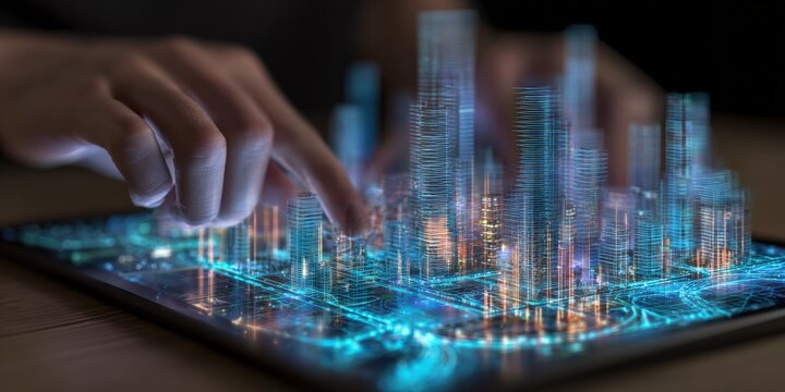 Interactive digital city model on tablet screen with human hands manipulating futuristic cityscape - Powered by Adobe