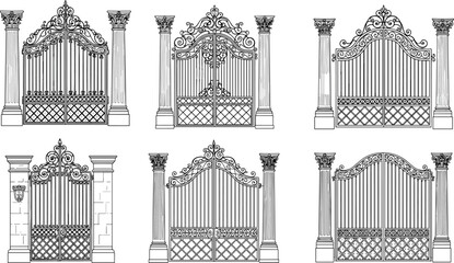Classic wrought iron gates with decorative pillars, elegant vintage designs, detailed black line art vector, ornate entrance gates collection