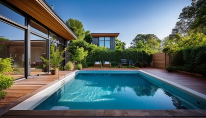 Obraz premium tranquil backyard oasis featuring a crystal clear rectangular swimming pool surrounded by lush greenery and a modern house