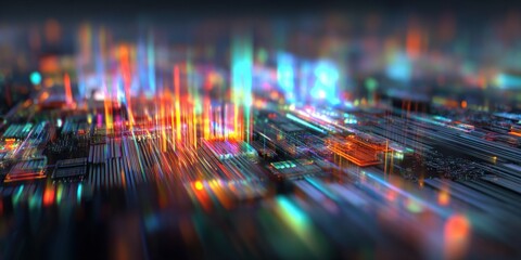 Abstract Technology Background with Glowing Light Streaks and Cityscape Vibe, Ideal for Tech and Innovation Concepts