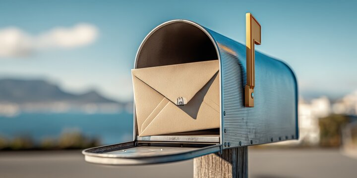 Open Mailbox with Envelope on a Sunny Day, Illustrating Communication, Delivery, and Correspondence