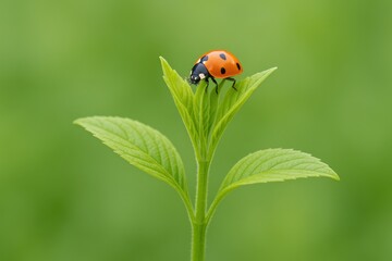 Fototapeta premium Ladybug Resting on Fresh Green Leaf Tip Against a Soft Green Bokeh Background