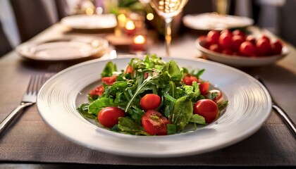 freshly prepared salad presented elegantly on a white plate with vibrant greens and cherry tomatoes at a classy dining table