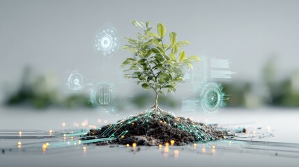 Sapling Growth with Technology Overlay: Conceptual Image for Innovation, Sustainability, and Environmental Tech