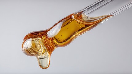 Fototapeta premium Close-up of a Golden Liquid Dripping from a Glass Pipette for Beauty, Science, or Medicine Applications