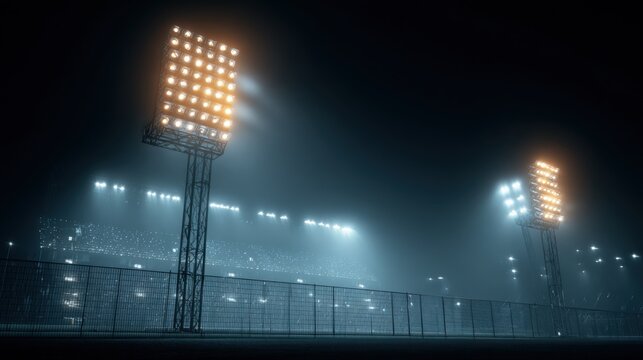 Illuminated Stadium at Night with Glowing Lights, Foggy Atmosphere, and Chainlink Fence Foreground