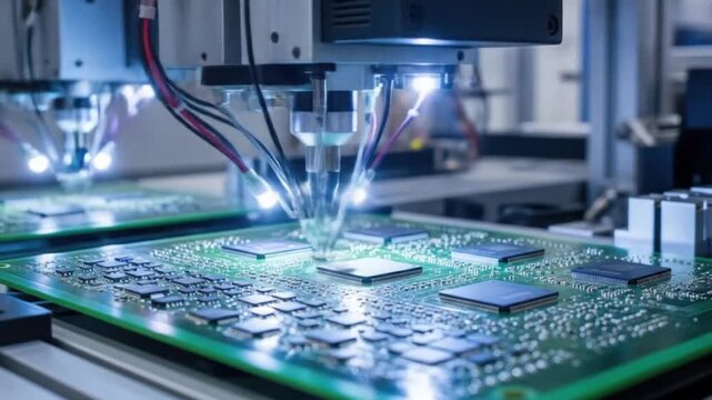 Close up of automated machine assembling a circuit board with bright lights